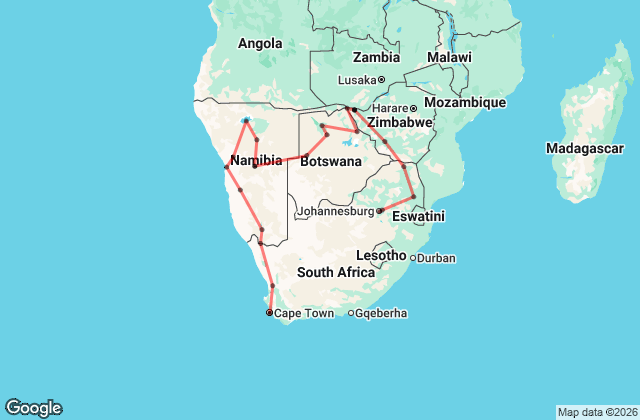 28 Day Southern Africa Tour from Cape Town to Johannesburg Map