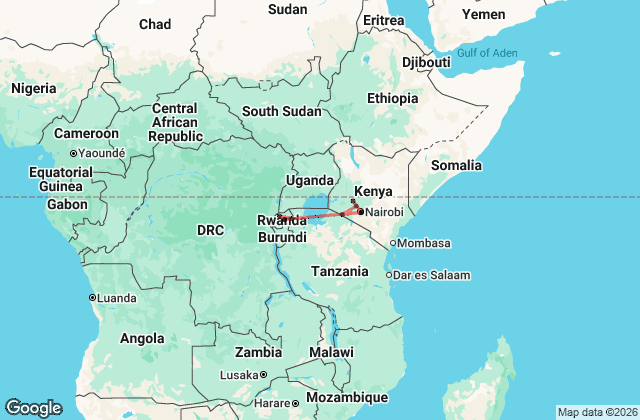 15 Day Kigali to Nairobi Adventure Tour Map