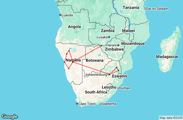 18 Day Johannesburg to Victoria Falls Tour Map