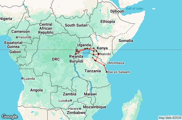 27 Day Nairobi to Zanzibar Adventure Map