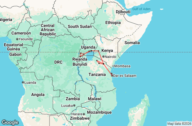 19 Day Unforgettable East Africa: Gorillas, Safaris & Zanzibar Map