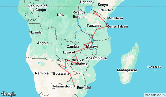 27 days Johannesburg to Nairobi Map Image