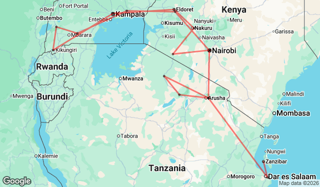 24 Day Nairobi to Stone Town Tour Map