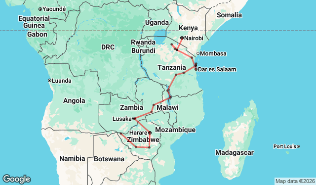 27 Day Nairobi to Victoria Falls Adventure Map Image