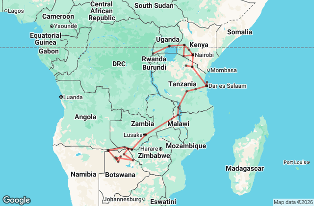 50 Day Ultimate Africa : Victoria Falls to Nairobi Safari Map