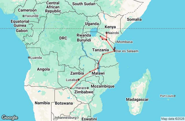 20 Day Zimbabwe to Kenya: Victoria Falls to Nairobi Tour Map