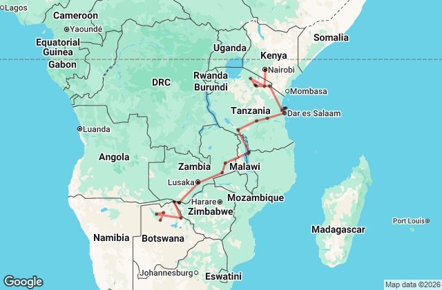 30 Day Okavango Delta to Nairobi Overland Map