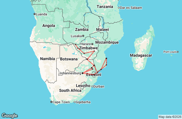 26 Day Zimbabwe, South Africa and Mozambique Tour Map