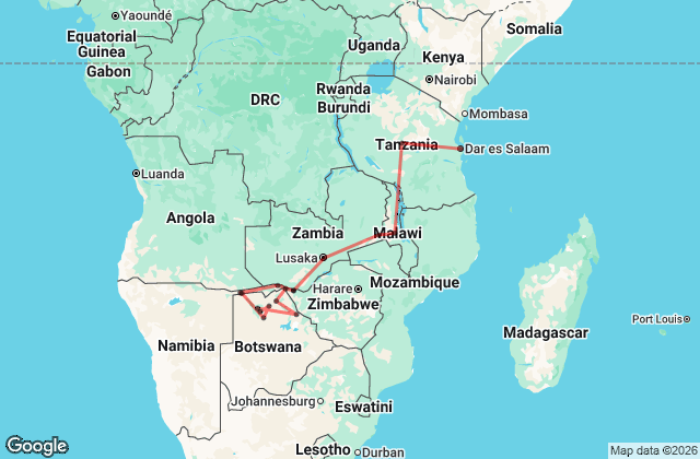 29 Day Victoria Falls to Zanzibar Overland Map Image