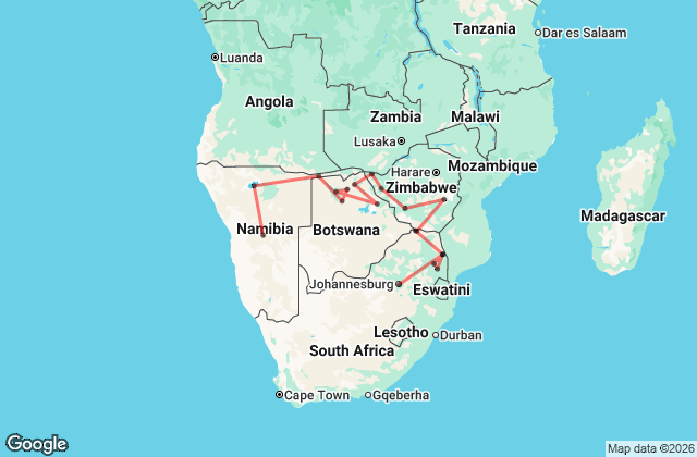 21 Day Okavango Delta, Victoria Falls and Kruger Tour Map