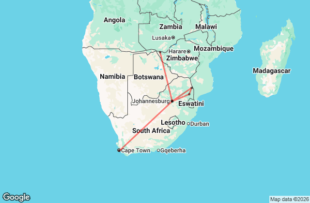 12 Day Cape Town, Kruger & Victoria Falls Tour Map Image