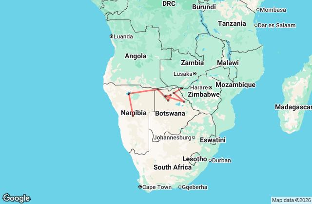 12 Day Namibia, Botswana and Zimbabwe Small Group Tour Map