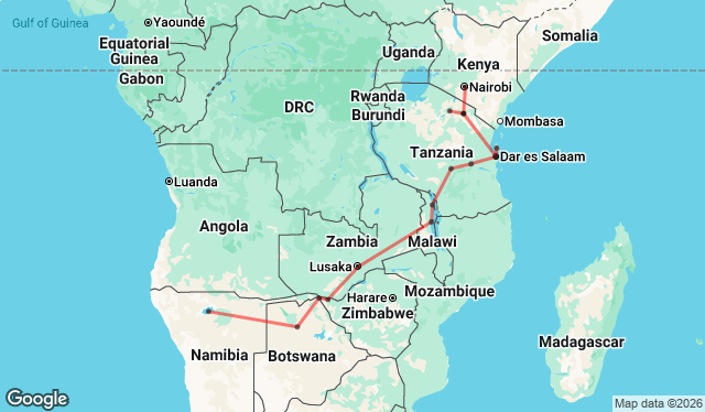 32 Day Windhoek to Nairobi Overland Tour Map