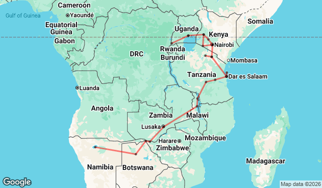 47 Day Windhoek to Gorillas Explorer Tour Map Image