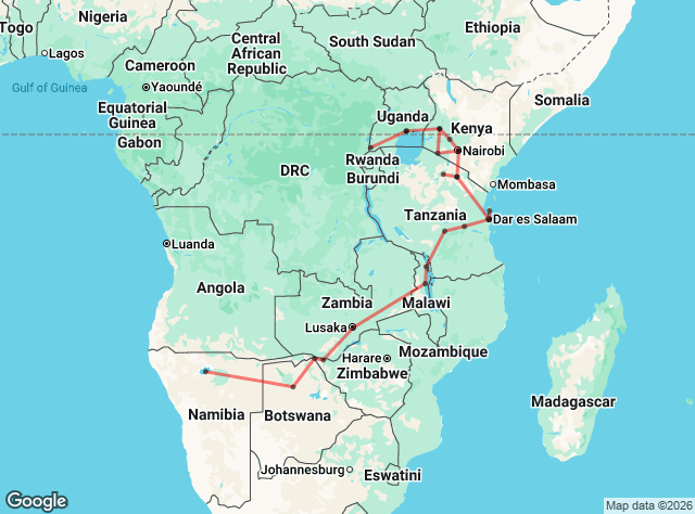 47 Day Windhoek to Gorillas Explorer Tour Map