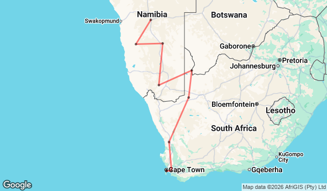 13 Day Cape Town to Windhoek Safari Tour 2027 Map Image