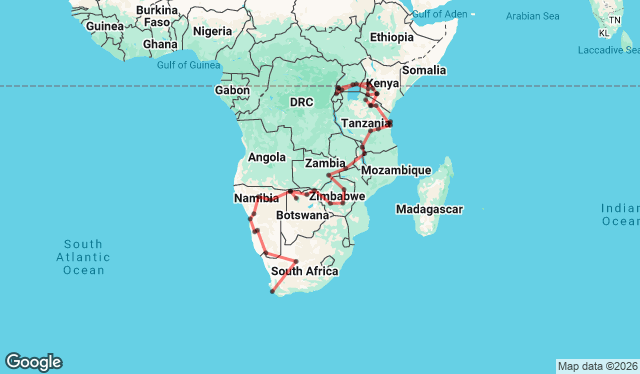 64 Day Cape Town to Masai Mara Adventure Map Image