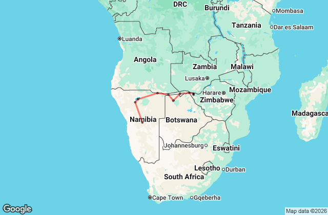 13 Day Best of Namibia, Botswana and Victoria Falls Safari Map