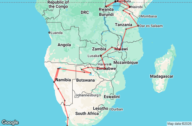 55 Day Cape Town to Nairobi and Gorillas Overland Adventure Map