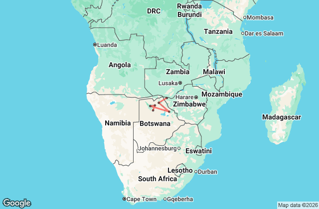 7 Day Botswana Northern Highlights: Okavango Delta to Victoria Falls Map